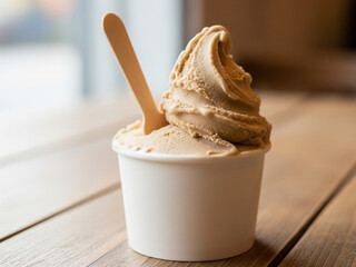 Cold chocolate gelato served on a clean wooden table.