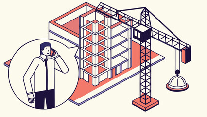 Man talking on phone near construction site with building and crane in isometric view illustration