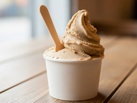 Cold chocolate gelato served on a clean wooden table.