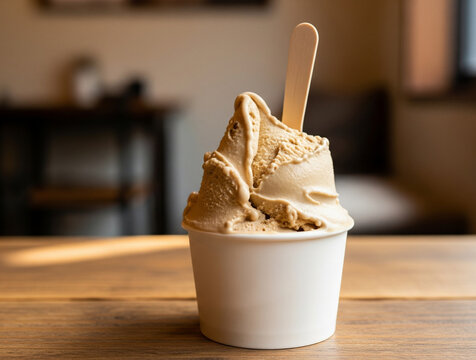 Creamy chocolate gelato neatly served with a small wooden spoon.