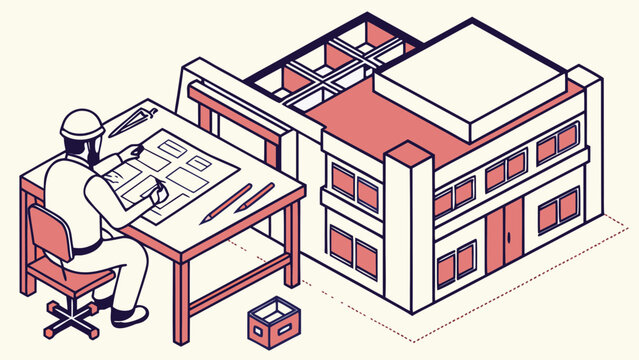 architect designing building, red and white clip art preview