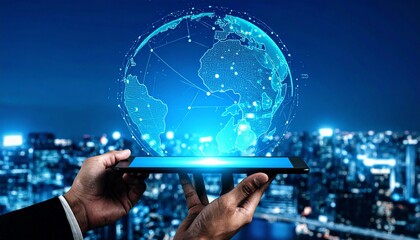 Futuristic Holographic Globe Interface with Human Hands in Digital Cityscape