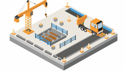 Isometric construction site with crane truck foundation and safety cones on a gray platform base