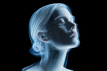 Ethereal long-exposure portrait of a human silhouette surrounded by flowing luminous trails, glowing aura, and mystical light beams