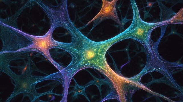 Intricate network of colorful neurons is displayed, highlighting the connections and activity of brain cells. The artwork symbolizes brain functioning and neural pathways