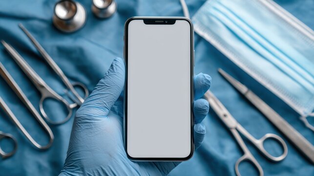 A hand wearing a blue glove holds a smartphone surrounded by surgical instruments and a face mask. The setting indicates preparation for a medical procedure - Powered by Adobe