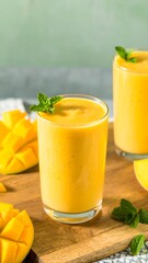 Smooth, vibrant mango smoothie in a glass, garnished with mint, alongside fresh mango slices on a wooden board