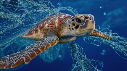 Obraz premium A green sea turtle glides gracefully beneath the water's surface. The turtle is caught in a tangle of fishing net debris, showcasing the impact of ocean pollution on marine life