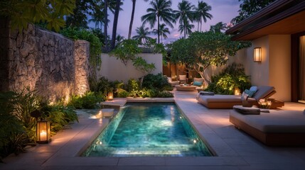 A tranquil garden oasis showcases a sparkling pool illuminated by soft lantern light. Lush tropical plants and palm trees create a peaceful atmosphere at twilight