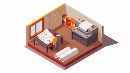Isometric view of an architect working on a blueprint in an office with a printer and window view