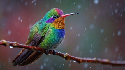 Fototapeta premium A vibrant hummingbird with multicolored plumage sits on a branch during a rain shower. Droplets glisten on its feathers, highlighting its beauty in a natural setting