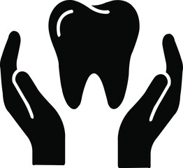 dental care protection icon with hands holding a tooth symbolizing oral health support sensitive teeth treatment and professional dentist service vector solid glyph 