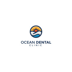 Ocean, sun, and waves dental logo design. Minimalist dental logo with blue waves, ocean, and sun. Perfect for dental clinics and oral health professional businesses that want a sunset and ocean feel.