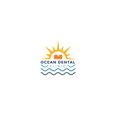 Ocean, sun, and waves dental logo design. Minimalist dental logo with blue waves, ocean, and sun. Perfect for dental clinics and oral health professional businesses that want a sunset and ocean feel.