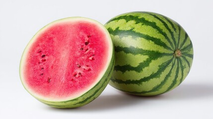Freshly cut watermelon reveals its juicy red interior surrounded by a green striped rind. Perfect for summer picnics or fruit salads, it offers a refreshing taste