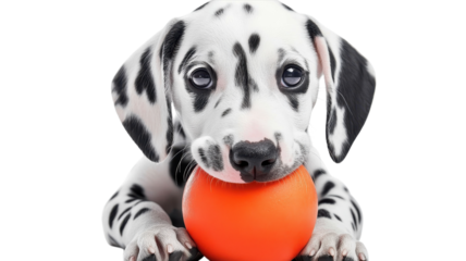 A Dalmatian puppy rests with an orange ball in its mouth, displaying its playful nature and adorable face