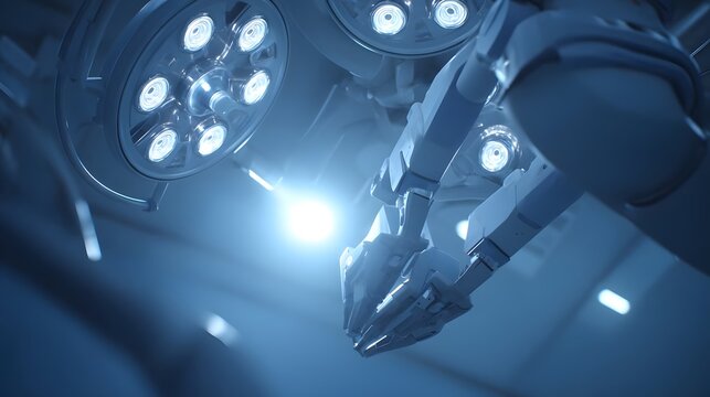 A surgical robot with surgical lights in a sterile operating room. - Powered by Adobe