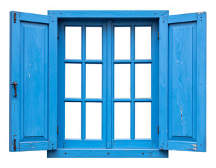 Close-Up of an Old Blue Window with Wooden Frames, Isolated on Transparent Background