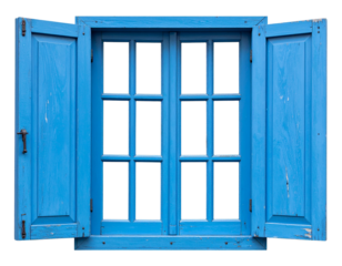 Close-Up of an Old Blue Window with Wooden Frames, Isolated on Transparent Background