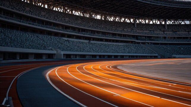 Early morning light casts a warm glow on the curved running track of a modern stadium. The empty stands create a serene atmosphere for potential athletes