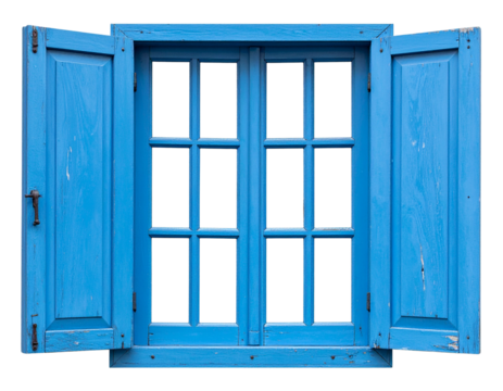 Close-Up of an Old Blue Window with Wooden Frames, Isolated on Transparent Background