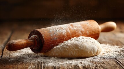 A baker rolls out dough with a wooden rolling pin on a flour-dusted wooden table. The kitchen exudes a warm and inviting atmosphere, perfect for baking