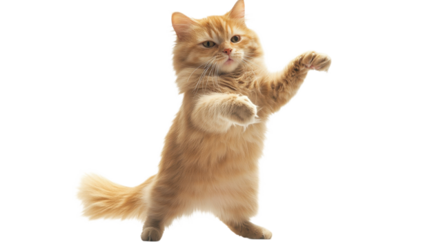 A ginger cat joyfully stands on its hind legs, showcasing its fluffy coat and playful demeanor in a bright environment