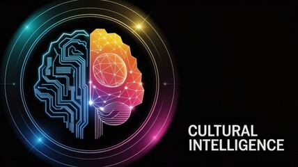 Cultural Intelligence Conceptualized: A captivating visual depiction of cultural intelligence, showcasing the fusion of technology and human intellect, a colorful brain silhouette on black background.