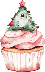 Festive Christmas Cupcake Watercolor Illustration with Tree and Pink Frosting