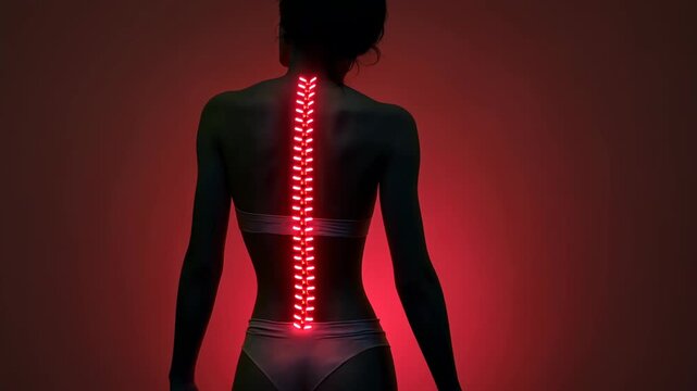 Spine, spinal health, back pain. Pain management. Disks compress under heavy lifting. Nerve inflammation reduces mobility. 3D medical render shows detailed anatomy.