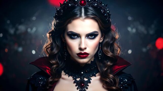 Dark Queen with Glamourous Vampire Portrait in Dramatic Gothic Fantasy Style.