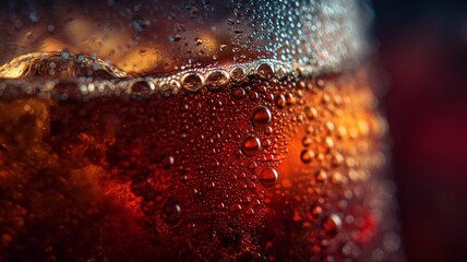 Close-up of ice-cold beverage with bubbles and red lighting. Neural network AI generated