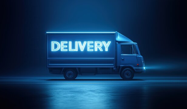 Minimalist dark-themed delivery truck with glowing blue neon "Delivery" text on the side, futuristic urban logistics concept