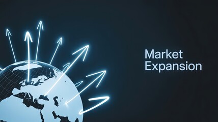 Market Expansion Visualization: A compelling visual representation of market expansion, featuring a globe encircled by upward-pointing arrows against a sleek, dark backdrop. 