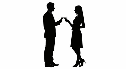 Business man and woman celebrating with a glass of champagne. Vector silhouettes of a young couple who toasts to the birthday celebration, success, anniversary stock 