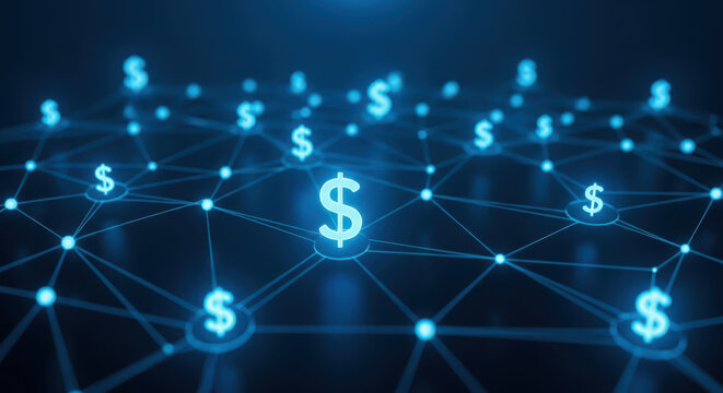 Digital Network of Glowing Dollar Signs Connected by Lines finance money