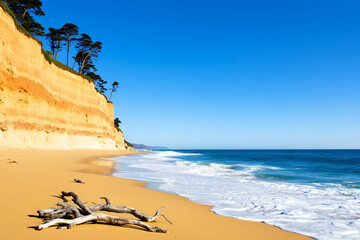 Golden sand beach with layered sandstone cliffs and blue ocean waves under clear sky