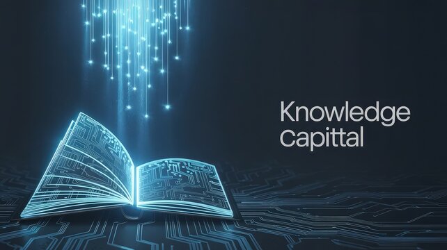 Illuminating Knowledge: An open book emits radiant digital light, symbolizing knowledge capital against a dark, data-driven backdrop.