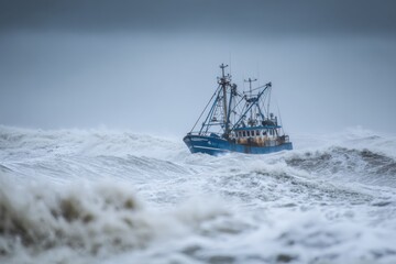 Fototapeta premium Fishing boat battling rough waves in tumultuous stormy sea