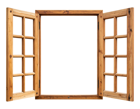 Vintage Wooden Window Frame with Shutters, Isolated on Transparent Background