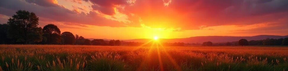 Obraz premium A vibrant sunrise paints the sky with warm hues, casting a golden glow over a tranquil landscape; perfect for radio station branding or nature-themed projects , antenna, rural, landscape