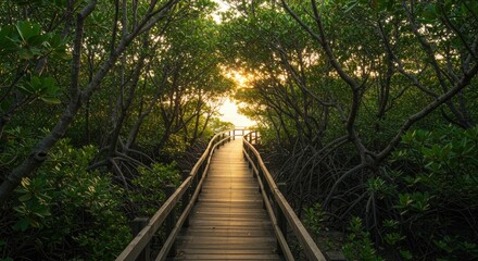 Obraz premium Wooden boardwalk through mangrove forest at sunrise