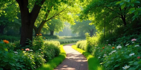 Obraz premium Winding Garden Path Through Lush Greenery Dappled Sunlight, Tranquil Escape