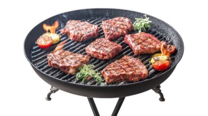 Juicy steaks are grilling over open flames, creating a delicious aroma on a warm summer day with fresh herbs