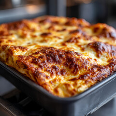 Golden, cheesy lasagna fresh from the oven in a baking dish.