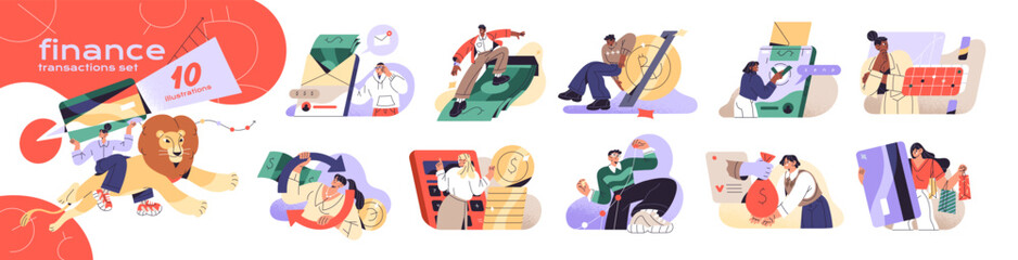 Set of finance transactions. Online banking in app, currency exchange, cash withdraw, payment by credit card. Financial literacy and management. Flat isolated vector illustrations on white background.