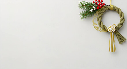 おしゃれなしめ縄リースを配置した和モダンなお正月の背景。グレーの壁と豊富なコピースペースのあるイラスト素材。