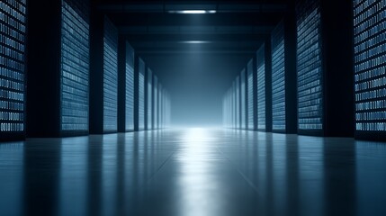 A Comprehensive Exploration of a Long Hallway Filled with Rows of Server Cabinets in a Data Center.