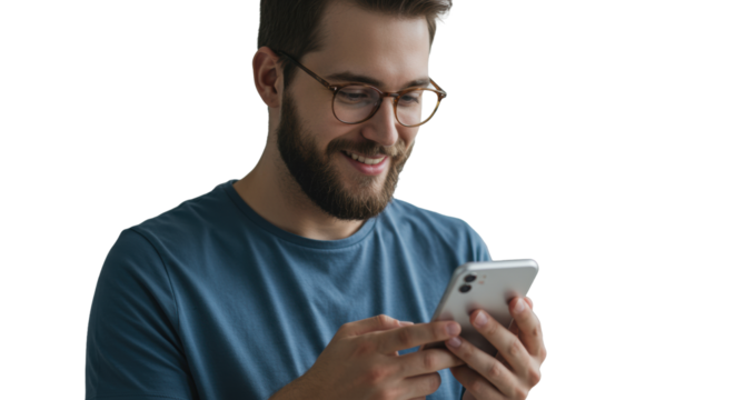 Young professional, late 20s, neat beard, smart-casual attire, stylish glasses, happily scrolling sleek smartphone indoors in modern minimalist office, copy space. Concept of user satisfaction and