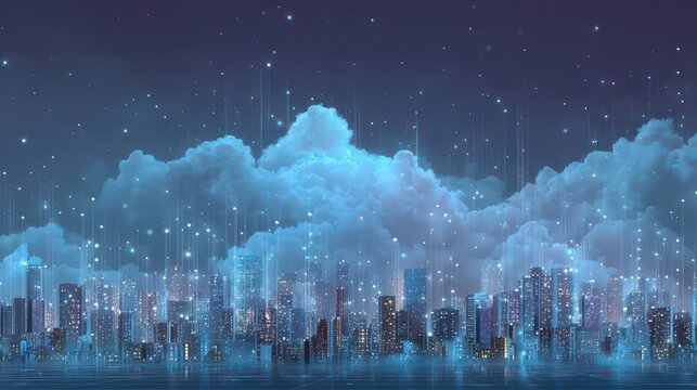 Cloud computing connecting with smart city at night with glowing particles